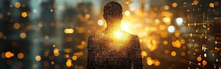 Glowing Man Silhouette Amidst Abstract Golden Light - Conceptual Technology and Innovation