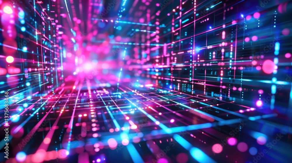 Aufkleber abstract technology elements with digital grids and neon colors.