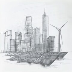 City Skyline Powered by Clean Energy: Solar Panels and Wind Turbines in an Architectural Sketch