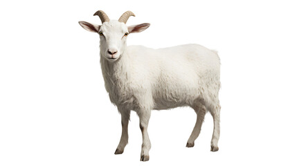Fototapeta premium Fluffy white goat standing isolated transparent background farm animal portrait