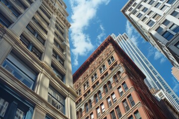 Fototapeta premium A Modern Skyscraper Towers Over Historic Buildings in a Cityscape, Depict the contrast between modern skyscrapers and historic buildings in the city