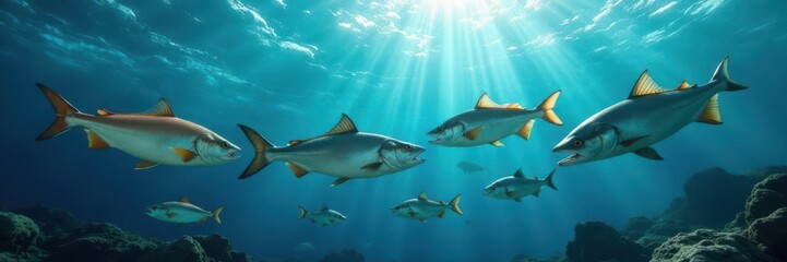 Obraz premium school of fish swimming together with breaking waves, marine life, ocean