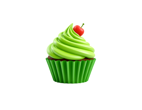 Green cupcake with a red cherry on top