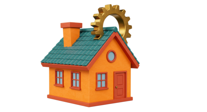 Isolated Cartoon House with Gear Above