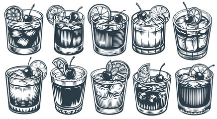 Exotic Mai Tai cocktail set with slice of pineapple and cherry for cocktail bar or drink summer party. Whiskey sour cocktail vector with tequila for beach bar and cafe menu.