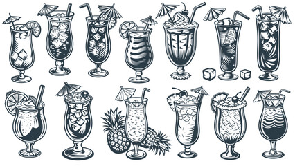 Pina Colada and blue lagoon cocktail set with leaves and slice of pineapple for cocktail bar or drink summer party. Pina alcohol cocktail vector with rum for beach bar and cafe menu.