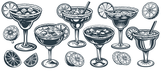 Margarita cocktail set with strawberry and lime for cocktail bar or drink summer party. Martini or daiquiri cocktail vector with rum, tequila for beach bar and cafe menu.