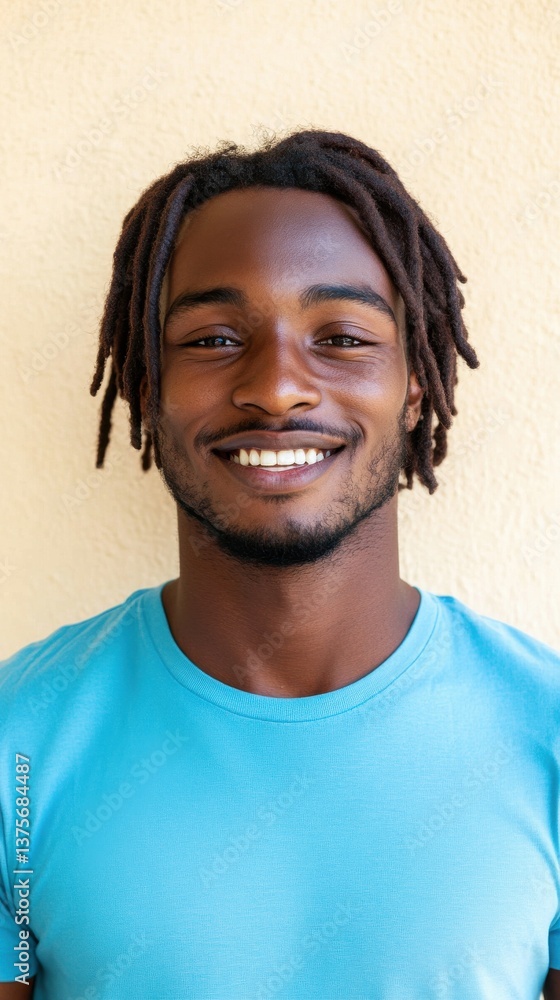 Poster portrait of a smiling young man with dreadlocks against a neutral background, showcasing a positive 