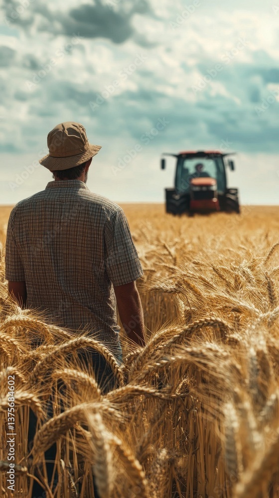 Poster farmer inspecting wheat field with tractor in distance under cloudy sky. focus on farmer's back and 