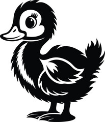 Fototapeta premium Cute baby duckling standing silhouette and line art vector illustration design, baby duckling standing isolated vector art