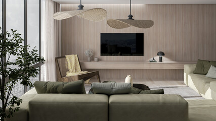 Large luxury modern bright interiors Living room mockup illustration 3D rendering image