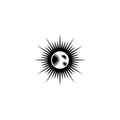 Stylized Sun Icon: Engraved Effect, Black on White, Minimalist Design