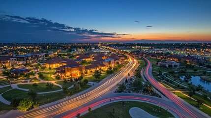 Aerial twilight view of suburban town with illuminated buildings, roads, and park.