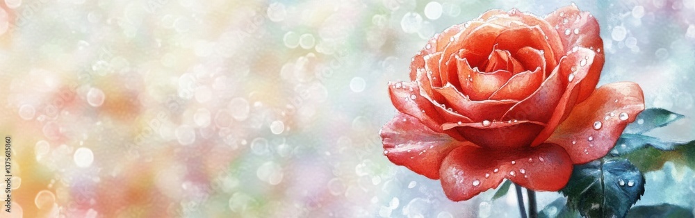 Aufkleber watercolor background on the theme: close-up of a gorgeous red rose with dew drops on the petals aga
