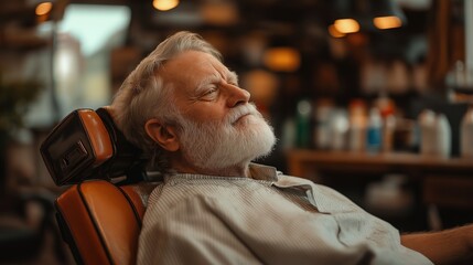 Elderly man in a barber chair, warm light, blurred shop background, conveying timeless tradition and quiet reflection.