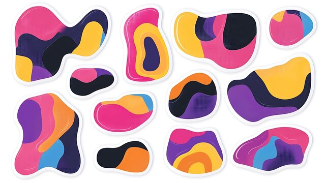 A collection of vibrant vector stickers in abstract shapes with smooth curves and soft corners, suitable for modern branding