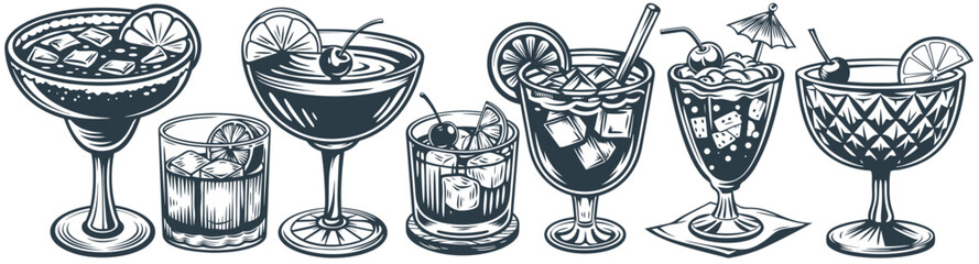 Cocktail set with tequila, martini and margarita, cosmopolitan for summer party. Set of cocktails with old fashioned, sangria and mai tai, pina colada for exotic beach bar
