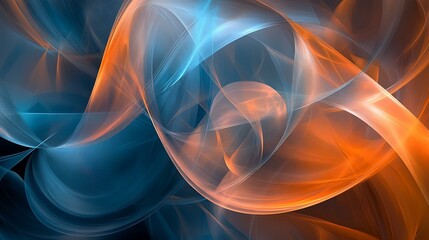 A dynamic digital composition with overlapping translucent geometric forms, blending cool blues and warm oranges