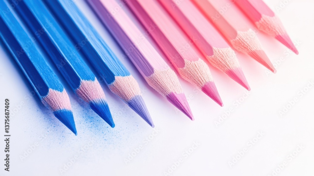 Poster Soft pencil strokes with a gradient blending from blue into pink on white background for art projects.