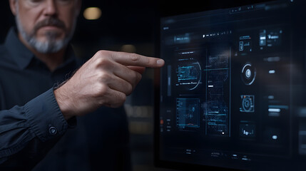 Focused man interacts with a futuristic, complex digital interface