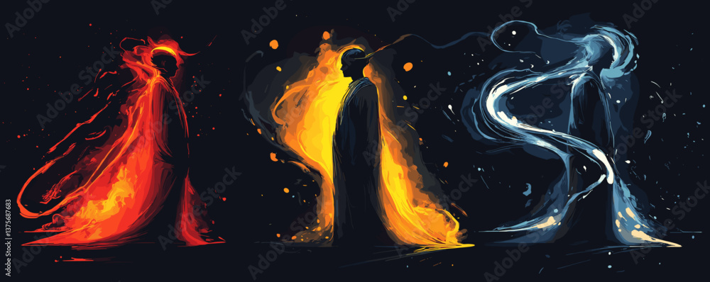 Poster abstract cloaked figures with fiery and icy elements in dynamic composition - vector.