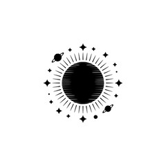 Black & White Celestial Illustration: Sun, Stars, and Planets