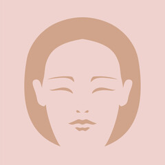Abstract minimalist female face. Haircut, lips, nose, closed eyes and eyebrows. Woman face icon. Vector illustration