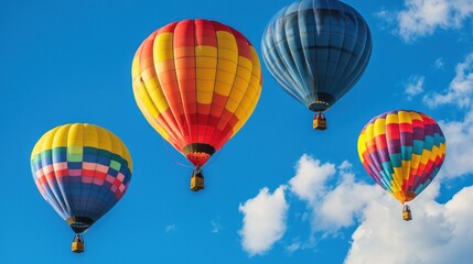 Fototapeta premium Four colorful hot air balloons soar in a vibrant blue sky.