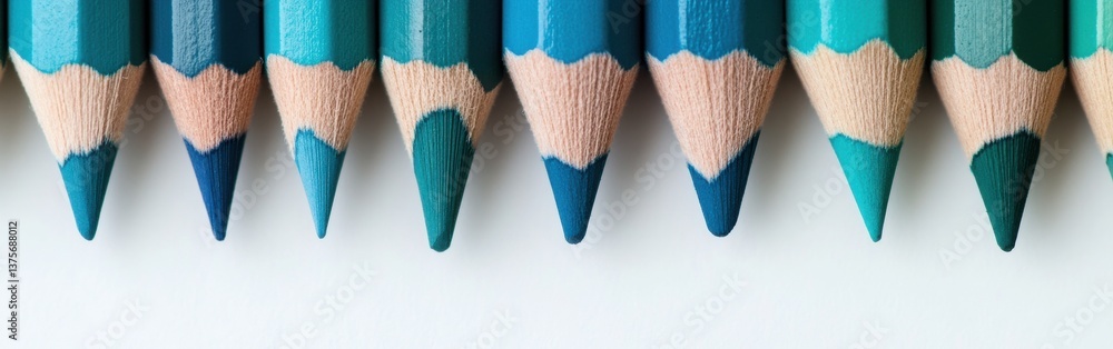 Poster close-up of sharpened color pencils: soft gradient of blues and greens on white background