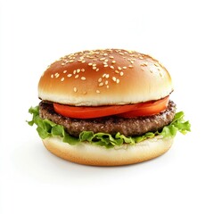 Delicious Hamburger with Beef Patty, Tomato, and Lettuce on White