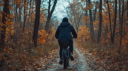 Obraz premium Woman cycling on a path through autumn forest.