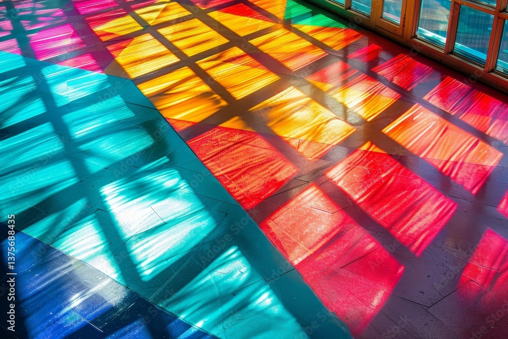 Poster prismatic reflections from a window cast colorful shadows on a blue and red floor, prismatic reflect