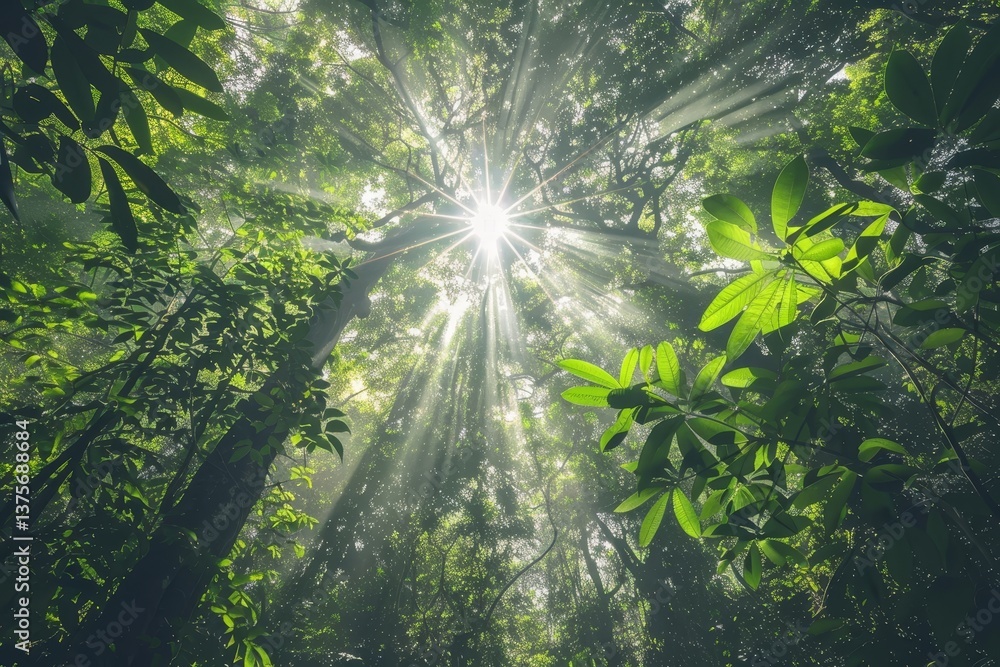 Poster dappled sunlight streams through a thick canopy of rainforest trees, dappled sunlight filtering thro
