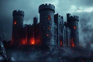 Dark fantasy castle surrounded by smoke and fire during an ominous night