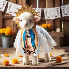 a sheep in the traditional attire of the Mexican Virgin of Guadalupe with a pale blue mantle and a gold star crown on its head