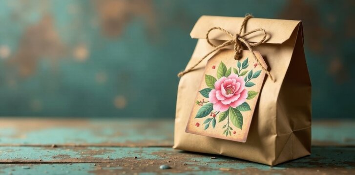 Vintage-style packaging with a brown paper bag and twine-wrapped label featuring a floral pattern , twine, pattern, packaging