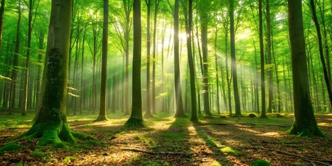 Obraz premium Sunlight rays streaming through a lush green forest, serene woodland landscape ideal for nature, peace, and environment concepts