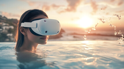 woman wearing a VR headset, emersed in an virtual tropical paradise fantasy