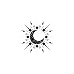 Mystical Crescent Moon and Starburst Silhouette Logo on White