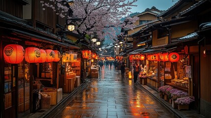 Charming streets of Kyoto with vibrant lanterns and cherry blossoms during a rainy evening atmosphere