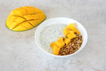 Mango Chia Seed Breakfast Bowl with Granola flat lay