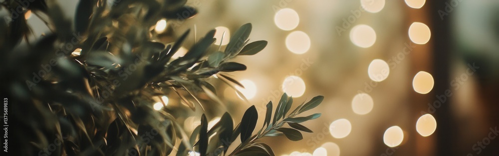 Poster olive branches with bokeh lights create a serene and atmospheric backdrop for elegant design