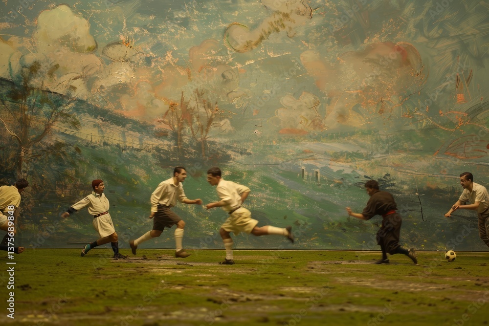 Poster a group of players run across a grass field, chasing a ball in front of a large painted background d