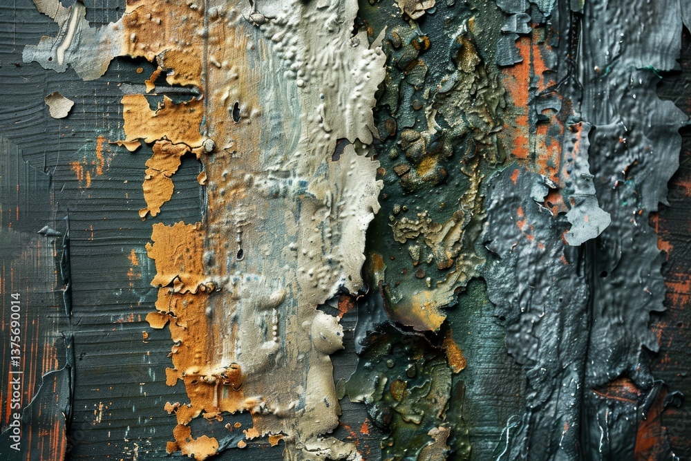 Aufkleber close-up view of peeling paint revealing textured layers on a weathered surface, intriguing textures