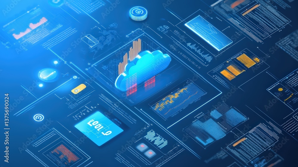 Poster beautiful cloud with a blue background representing business intelligence cloud solutions in a digit