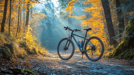 Fototapeta premium Mountain bike parked on a scenic dirt path surrounded by golden autumn foliage and sunlight streaming through the trees
