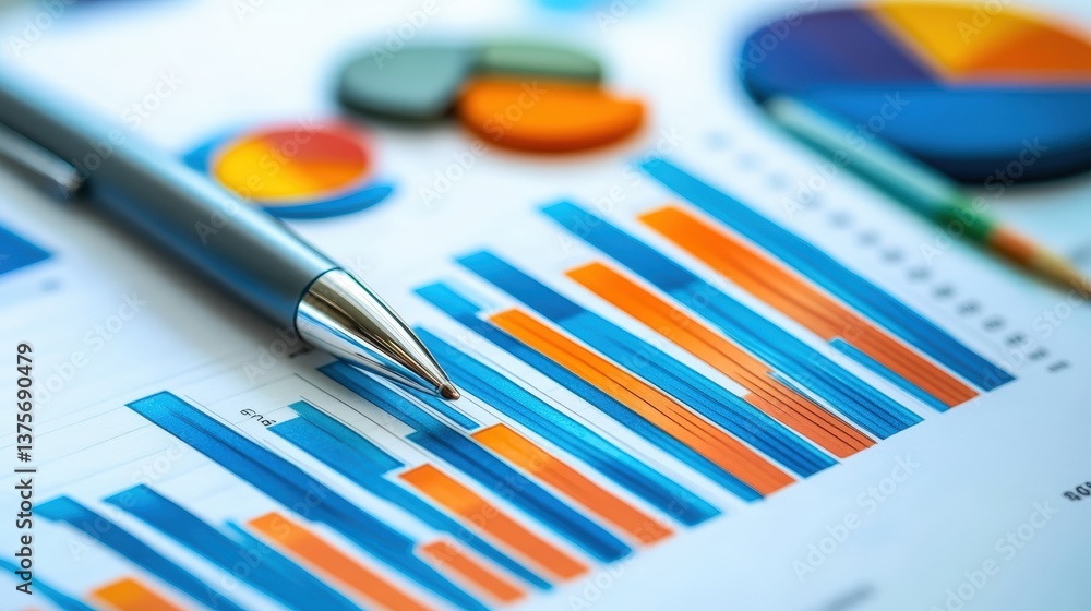 Aufkleber Analyzing business data with a pen resting on a bar chart representing growth and performance metrics in detail