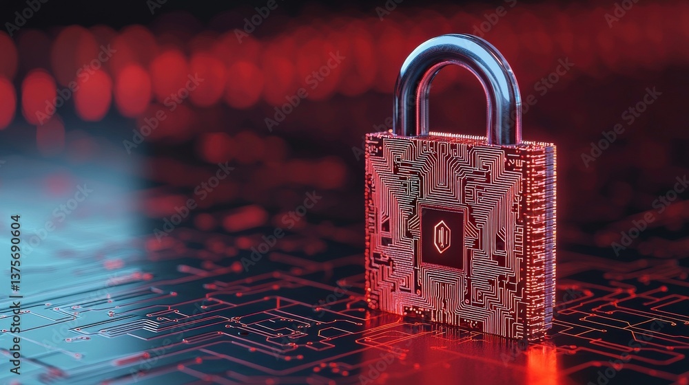 Poster cyber security awareness surveillance training concept. digital padlock on a circuit board backgroun