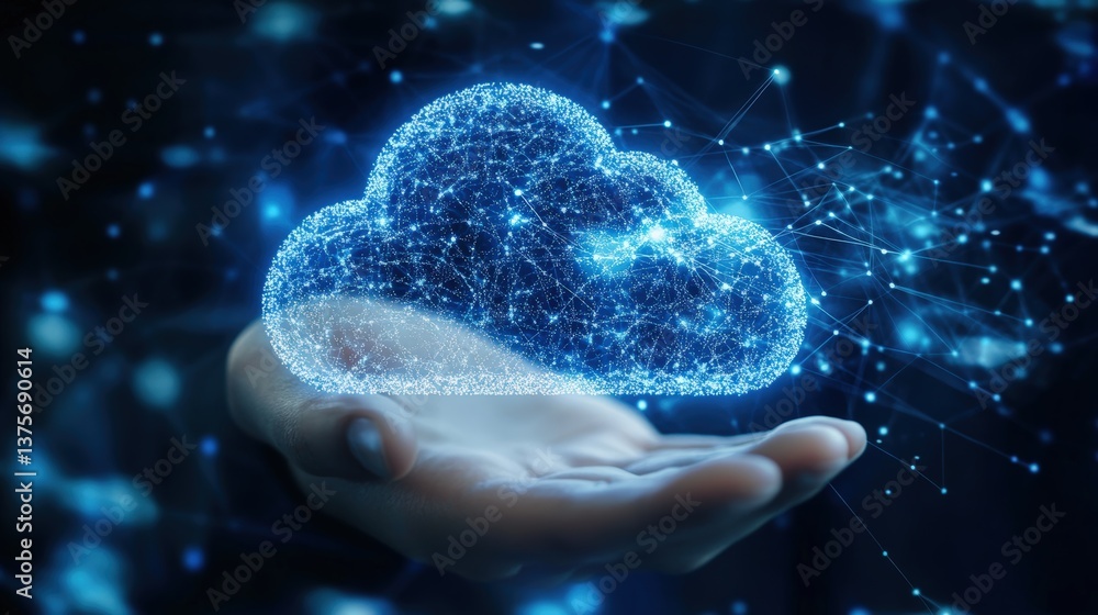 Poster Hand holding cloud with interconnected lines illustrating business automation and digital connectivity concept