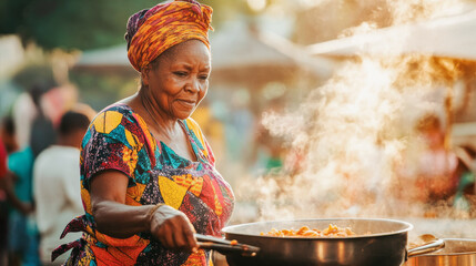 Senior african woman wearing traditional clothes while cooking at street food market outdoor during sunset time - Culture and tradition concept - Models by AI generative